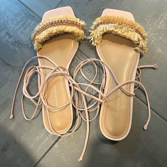Anthropologie Jewel Embellished Tie Up Pink/Rose Raffia Square Toe Sandals Sz 40 - Picture 8 of 11